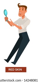 Sunburn symptom red skin isolated icon reddness vector man looking at mirror  