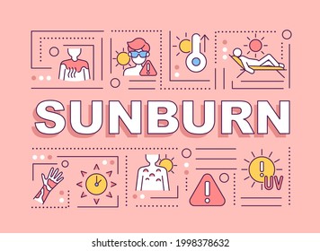 Sunburn word concepts banner. Sun exposure. Inflammatory reaction. Infographics with linear icons on pink background. Isolated creative typography. Vector outline color illustration with text