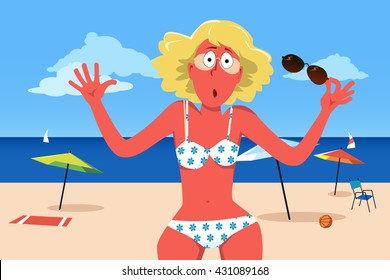 Sunburned woman in a bikini at the beach, EPS 8 vector illustration
