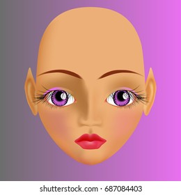 Sunburnt elf with big violet eyes with long dark eyelashes and plump pink lips. Calm expression.