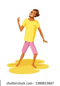 Sunburnt Young Man Dancing At A Summer Beach Party. Flat Style Brown Haired Guy. He Is Wearing Pink Shorts And Yellow Shirt