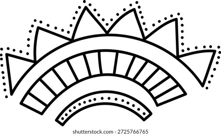 Sunburst-Bogen mit Dreiecken, Bögen und Punktmustern in sauberer Linienführung. Symbol des Volkserbes, Wärme und Harmonie für Branding und Dekor. Cartoon, Vektorgrafik.
