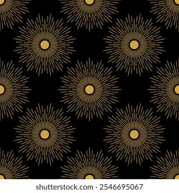 Sunburst art deco black and gold elegant vector repeat sun print design