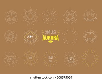 'Sunburst Aurora' Set of Retro Sun burst shapes for your next vintage design project. Collection of Sun ray frames vector design elements.Handmade quality illustration. Color version