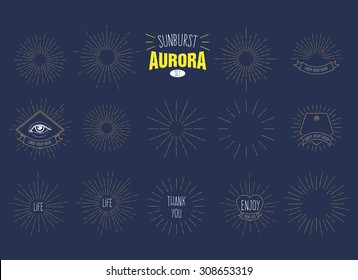 'Sunburst Aurora' Set of Retro Sun burst shapes for your next vintage design project. Collection of Sun ray frames vector design elements.Handmade quality illustration.