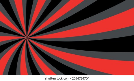 Sunburst background with black, red and gray rays. Curved spiral background. Rotating rays. Vector illustration