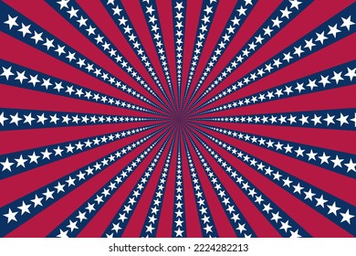 Sunburst background. Blue and red stripes and stars. 4th of July Independence day. Vector Illustration