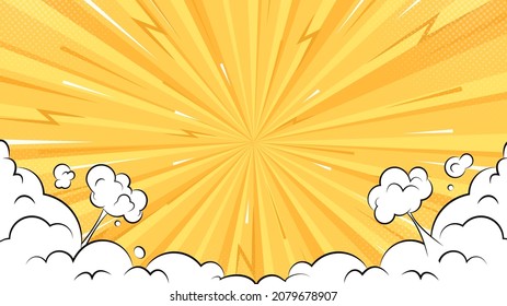 Antecedentes de la explosión del sol y dibujos animados nublan las nubes al estilo del cómic. Fondo amarillo plano con vigas de sol y elementos de explosión y senderos de movimiento.