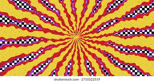 Sunburst background with checkered and dotted groovy rays in yellow, red, black, and purple. Psychedelic punk pattern with dynamic radial motion. Vector illustration