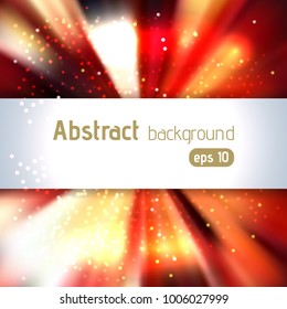 Sunburst background with glittering stars. Beautiful rays of light. Vector illustration. Red, orange, white, brown colors.