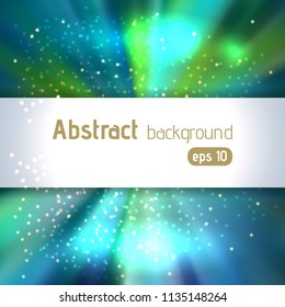 Sunburst background with glittering stars. Beautiful rays of light. Vector illustration. Green, blue colors.