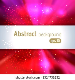 Sunburst background with glittering stars. Beautiful rays of light. Vector illustration. Red, pink colors.