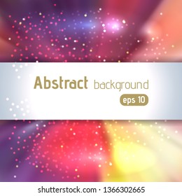Sunburst background with glittering stars. Beautiful rays of light. Vector illustration. Pink, purple, yellow colors.
