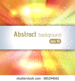 Sunburst background with glittering stars. Beautiful rays of light.  Vector illustration. Yellow, orange colors. 