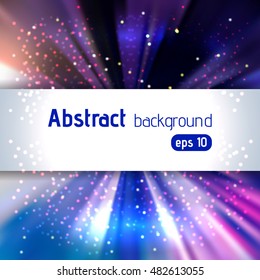 Sunburst background with glittering stars. Beautiful rays of light.  Vector illustration. Pink, purple, blue colors