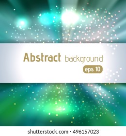 Sunburst background with glittering stars. Beautiful rays of light.  Vector illustration.  White, green colors. 