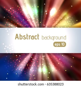 Sunburst background with glittering stars. Beautiful rays of light. Vector illustration. Blue, brown, beige colors.