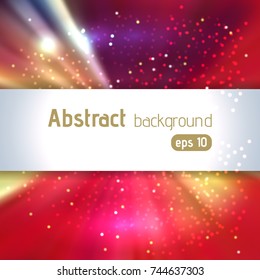 Sunburst background with glittering stars. Beautiful rays of light. Vector illustration. Red, pink, purple colors.