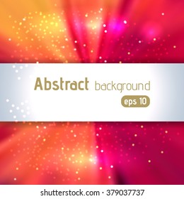 Sunburst background with glittering stars. Pink, purple, orange colors. Beautiful rays of light.  Vector illustration