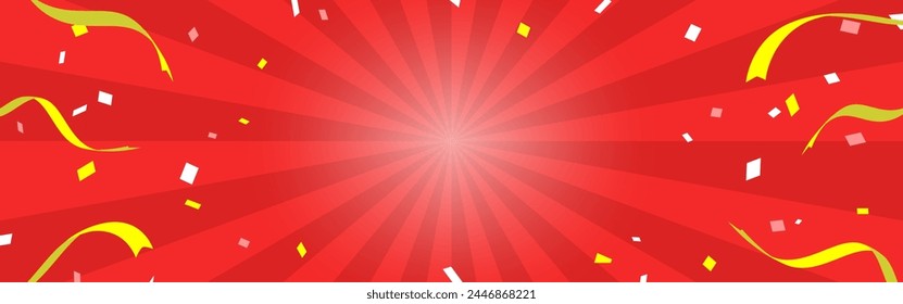 Sunburst background illustration with ribbons and confetti. (red, Landscape)