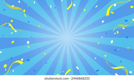 Sunburst background illustration with ribbons and confetti. (light blue, 16:9)