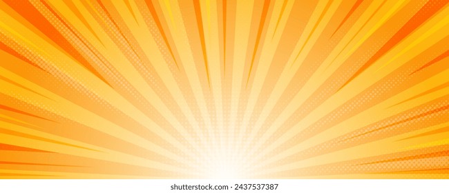 Sunburst background vector illustration. Yellow sunny rays. Retro star light with halftone. Comic abstract wallpaper