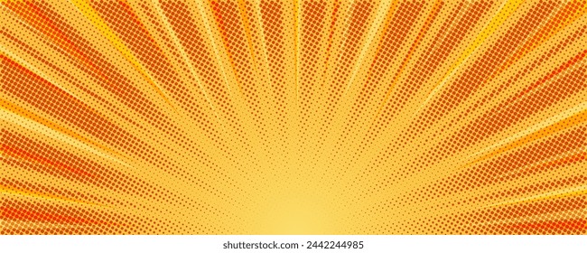 Sunburst background vector illustration. Yellow sunny rays. Retro star light with halftone. Comic abstract wallpaper