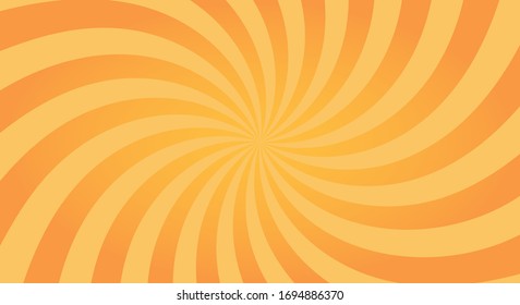 Fondo de ráfaga de sol con rayo amarillo. Fondo giratorio espiral curvado con rayos. Colores amarillo y naranja. Ilustración vectorial plana
