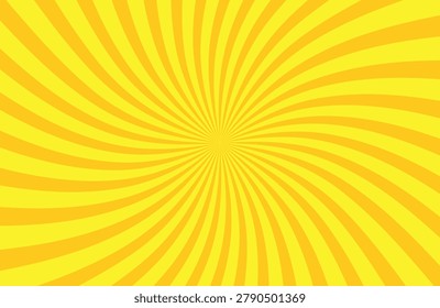 Sunburst background with yellow twisted rays. Summer pattern with spiral radial stripes. Abstract yellow background of sun whirlwind with swirly light beams, vector illustration