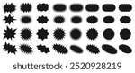 Sunburst badges. Starburst zigzag shapes, sharp star price tag, jagged sale or discount stickers, spiky shopping label silhouettes. Decorative vector elements set.