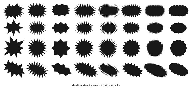 Sunburst badges. Starburst zigzag shapes, sharp star price tag, jagged sale or discount stickers, spiky shopping label silhouettes. Decorative vector elements set.