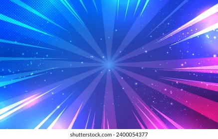 Sunburst blue pink background with rays, Pop art comics style. Virtual reality. Circular geometric space futuristic background. Sunburst explosion technology for ads, marketing, presentation. Vector.