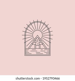 sunburst cabin line art vector illustration design, shirt print vector