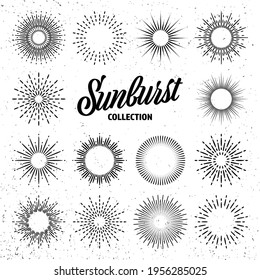 Sunburst collection. Bursting radial sun rays. Fireworks. Logotype or lettering design element. Vintage grunge sunset beams. Vector illustration.