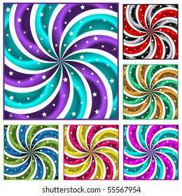 Sunburst collection of six different colored abstract swirly sun burst backgrounds and stars. Raster also available.