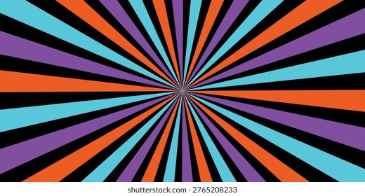 sunburst color ful Retro old groovy carnival background. Sun and rainbow swirl pattern, vintage poster vibes. Funky ray elements, circle motifs, Comics rays themes. Flat vector illustration.