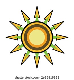 Estallido de sol con círculos concéntricos y rayos puntiagudos amarillos