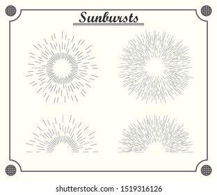 Sunburst decorative retro patterns of fine lines. Star, flash or explosion of fireworks, sunrise. Vector illustration isolated background.