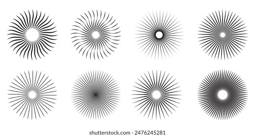 Sunburst design element collection,  Sunburst set.  Abstract Sunburst element radial stripes, Collection of ray. circular beams vector.