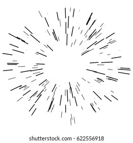 Sunburst design element. Vector illustration. Icon black on white. Design element for logo, signs. Dynamic style. Abstract explosion, speed motion lines from the middle, radial, radiating sharp