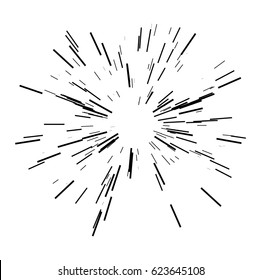 Sunburst design element. Vector illustration. Icon black on white. Design element for logo, signs. Dynamic style. Abstract explosion, speed motion lines from the middle, radial, radiating sharp