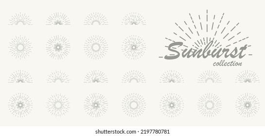 Sunburst design elements collection. Radial sunset beams. Retro sunburst vector icon set. Vintage sunbeam collection. Bursting sun rays. Vector graphic EPS 10