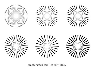 Conjunto de Elementos de diseño Sunburst. Iconos del rayo de sol, Vector circular de los haces. Salida del sol, rayos solares o fuegos artificiales de Vector. Ilustración vectorial. Fondo de rayas radiales. Fondo de Vector de círculo de línea Abstractas.