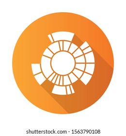 Sunburst diagram orange flat design long shadow glyph icon. Radial chart. Round information presentation graph. Data connection visualization. Business model. Report. Vector silhouette illustration