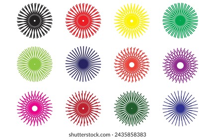 Sunburst with different color. Vintage Starburst collection. Sun rise light round decoration elements. Vector illustration.