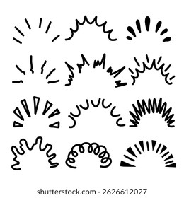 Sunburst doodle. Line shine rays and sparkles. Hand drawn Decorative surprise frame. Comic anime signs. Sunbeams or fireworks collection
