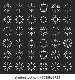 Sunburst, doodle sparkle starburst set. Sunburst rays. Hand drawn elements Star, firework explosion, sun beams, black lines, surprise, outline, confetti, decorative, retro style. Art design elements.