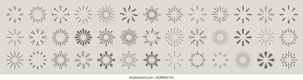 Sunburst, doodle sparkle starburst set. Sunburst rays. Hand drawn elements Star, firework explosion, sun beams, black lines, surprise, outline, confetti, decorative, retro style. Art design elements.