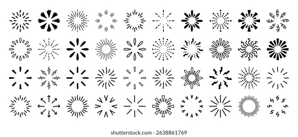 Sunburst, doodle sparkle starburst set. Sunburst rays. Hand drawn elements Star, firework explosion, sun beams, black lines, surprise, outline, confetti, decorative, retro style. Art design elements.
