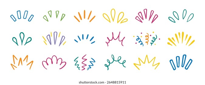 sunburst, doodle sun rays colorful lines. Cute funny hand drawn lines showing concentrated lines set, awareness, inspiration and surprises. Vector illustration